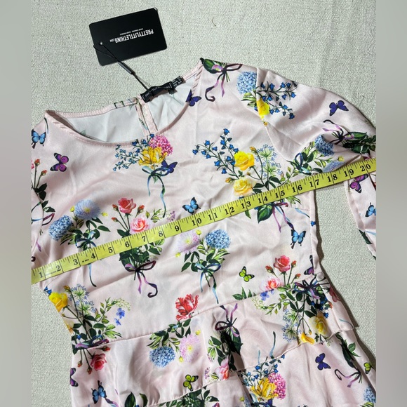 Pretty Little Thing Pale Pink Floral Butterfly Satin Peplum Blouse - Picture 5 of 9